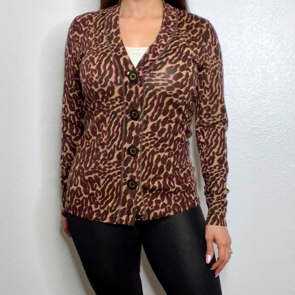 TORY BURCH Lightweight Merino Wool Leopard Print Button-Up Cardigan, Small - Picture 1 of 11